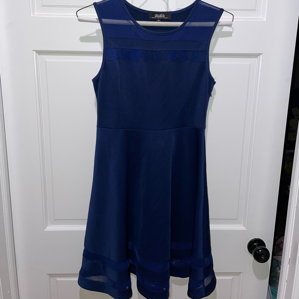 Lulu’s royal blue sheer determination mesh skater dress, size medium